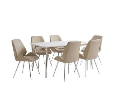 White Dining Table - 180 cm & Dining Chair PU Beige - Set of 6