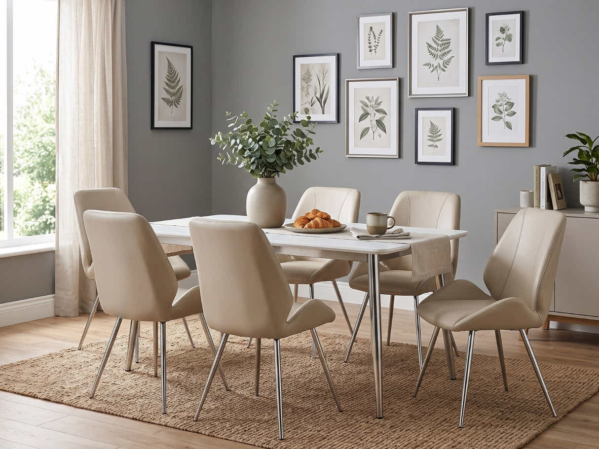 White Dining Table - 180 cm & Dining Chair PU Beige - Set of 6