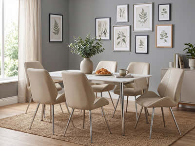 White Dining Table - 180 cm & Dining Chair PU Beige - Set of 6