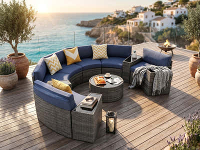 DS 11-Piece Curved Wicker Sofa Set - Navy