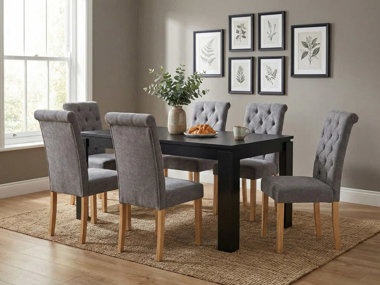 Manhattan Dining Table - 180 cm & Grey Fabric Dining Chair with Wood Legs x6