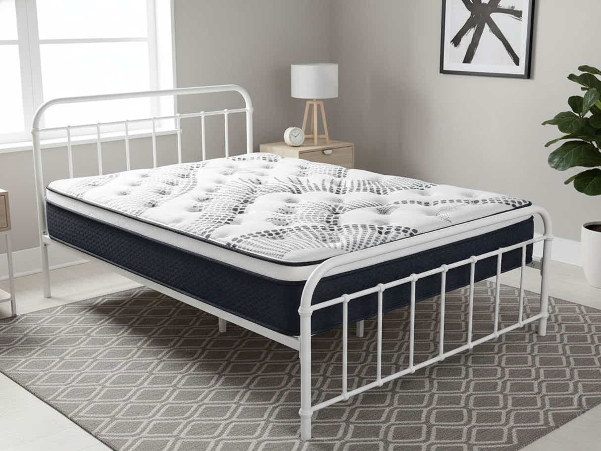 Darcy Metal Bed Frame White & Euro Top Mattress J32 - Queen