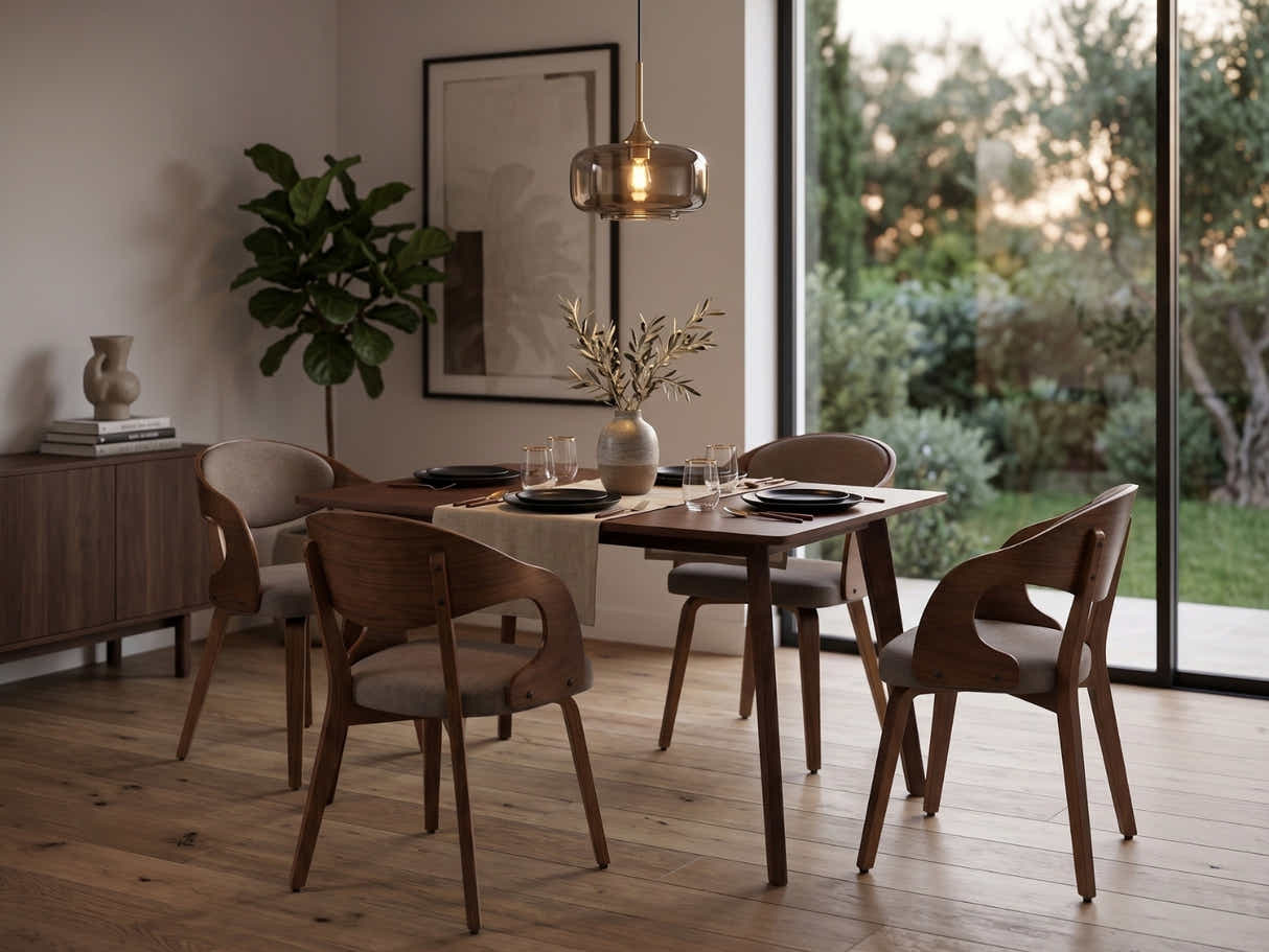 Fiesta Dining Table Walnut 120 cm & Dining Chair Bentwood Fabric Brown Color Set of 4