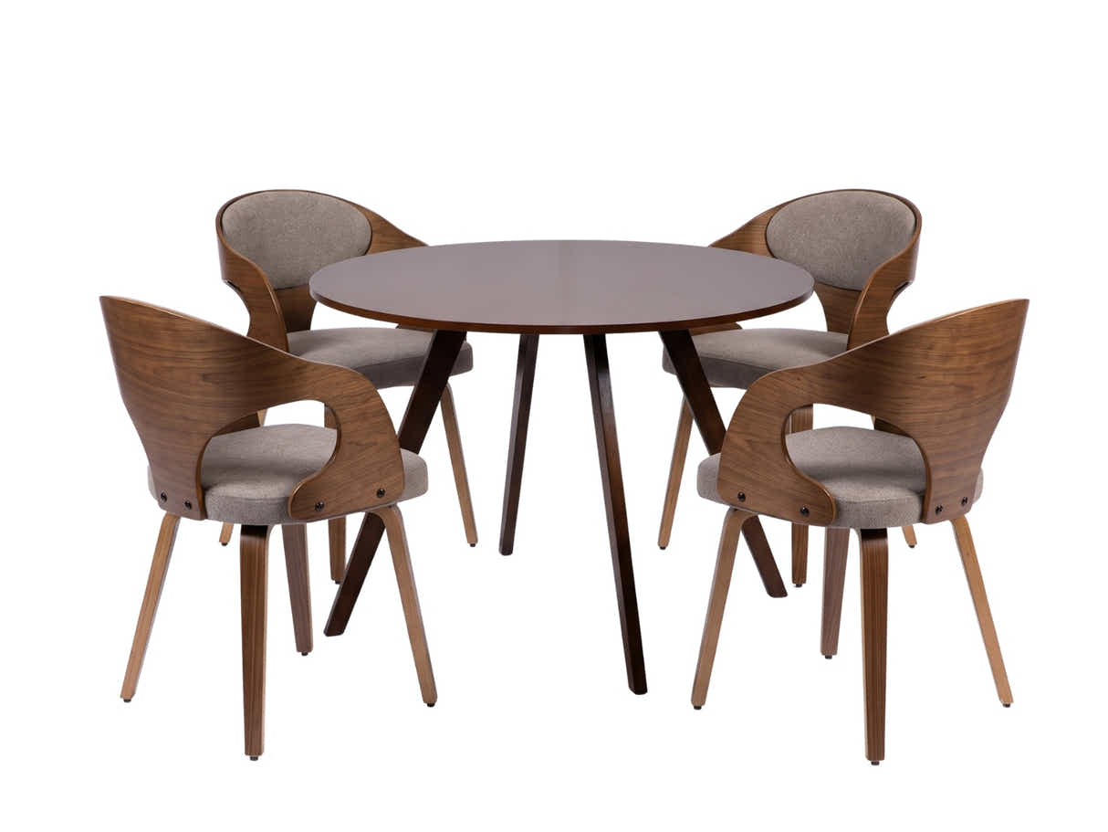 Hexa Round Dining Table Walnut 100 cm & Dining Chair Bentwood Fabric Brown Color - Set of 4