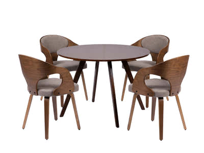 Hexa Round Dining Table Walnut 100 cm & Dining Chair Bentwood Fabric Brown Color - Set of 4