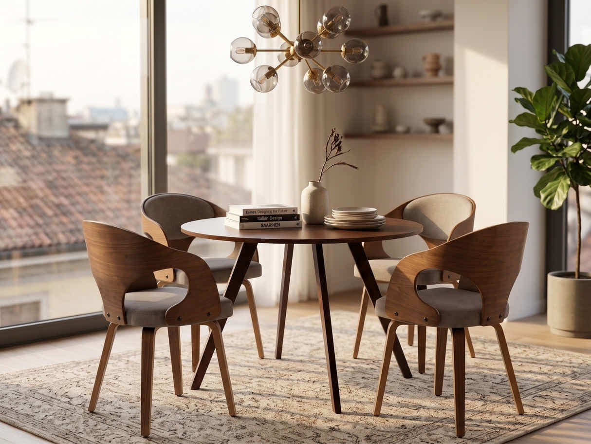 Hexa Round Dining Table Walnut 100 cm & Dining Chair Bentwood Fabric Brown Color - Set of 4