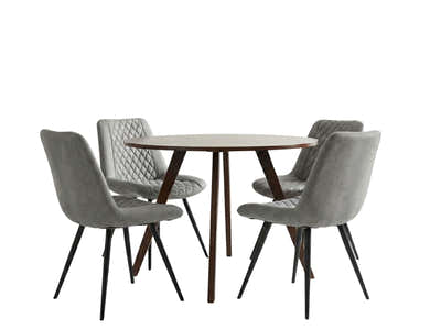 Hexa Round Dining Table Walnut - 100 cm & Tricia PU Dining Chair x2 Grey x4 (Combo)