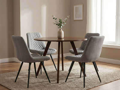 Hexa Round Dining Table Walnut - 100 cm & Tricia PU Dining Chair x2 Grey x4 (Combo)