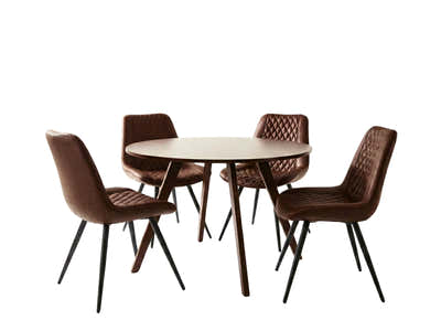 Hexa Round Dining Table Walnut - 100 cm & Tricia PU Dining Chair x2 Dark Brown x4 (Combo)