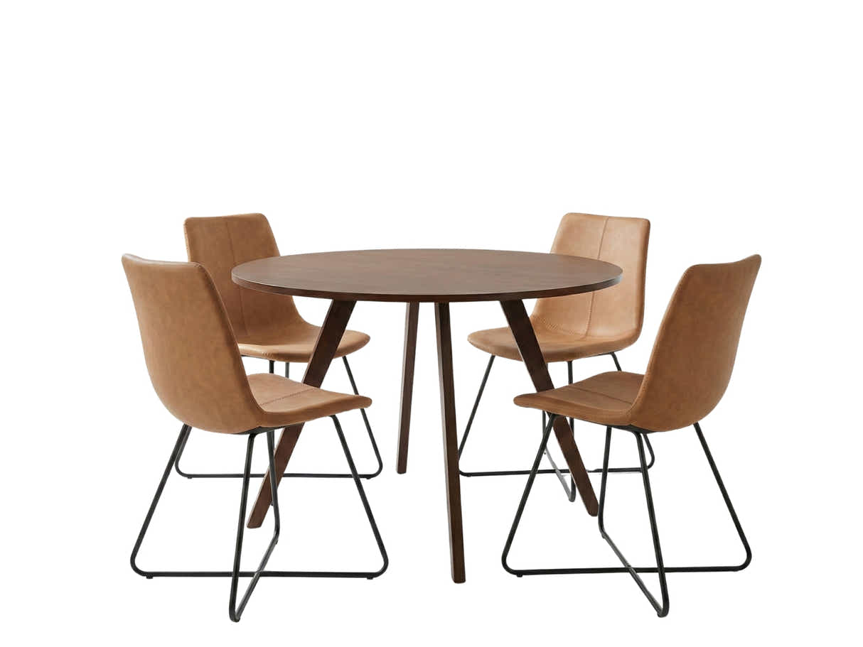Hexa Round Dining Table Walnut - 100 cm & Walnut Bonded Leather Dining Chair - Set of 4