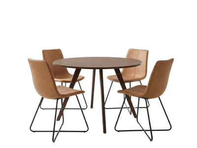 Hexa Round Dining Table Walnut - 100 cm & Walnut Bonded Leather Dining Chair - Set of 4