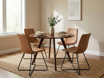 Hexa Round Dining Table Walnut - 100 cm & Walnut Bonded Leather Dining Chair - Set of 4