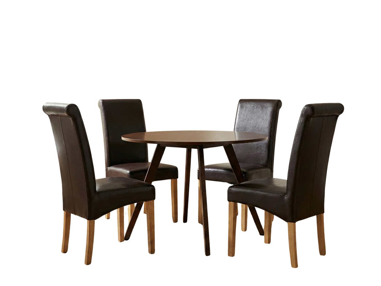 Hexa Round Dining Table Walnut - 100 cm & Giesle PU Dining Chair Dark Brown - Set of 4