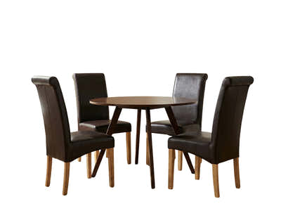 Hexa Round Dining Table Walnut - 100 cm & Giesle PU Dining Chair Dark Brown - Set of 4