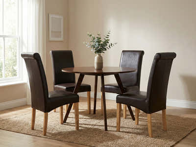 Hexa Round Dining Table Walnut - 100 cm & Giesle PU Dining Chair Dark Brown - Set of 4