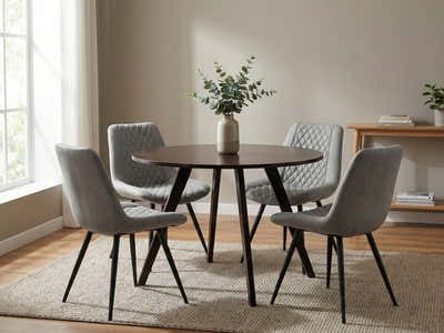 Hexa Round Dining Table Wenge - 100 cm & Tricia PU Dining Chair x2 Grey x4 (Combo)
