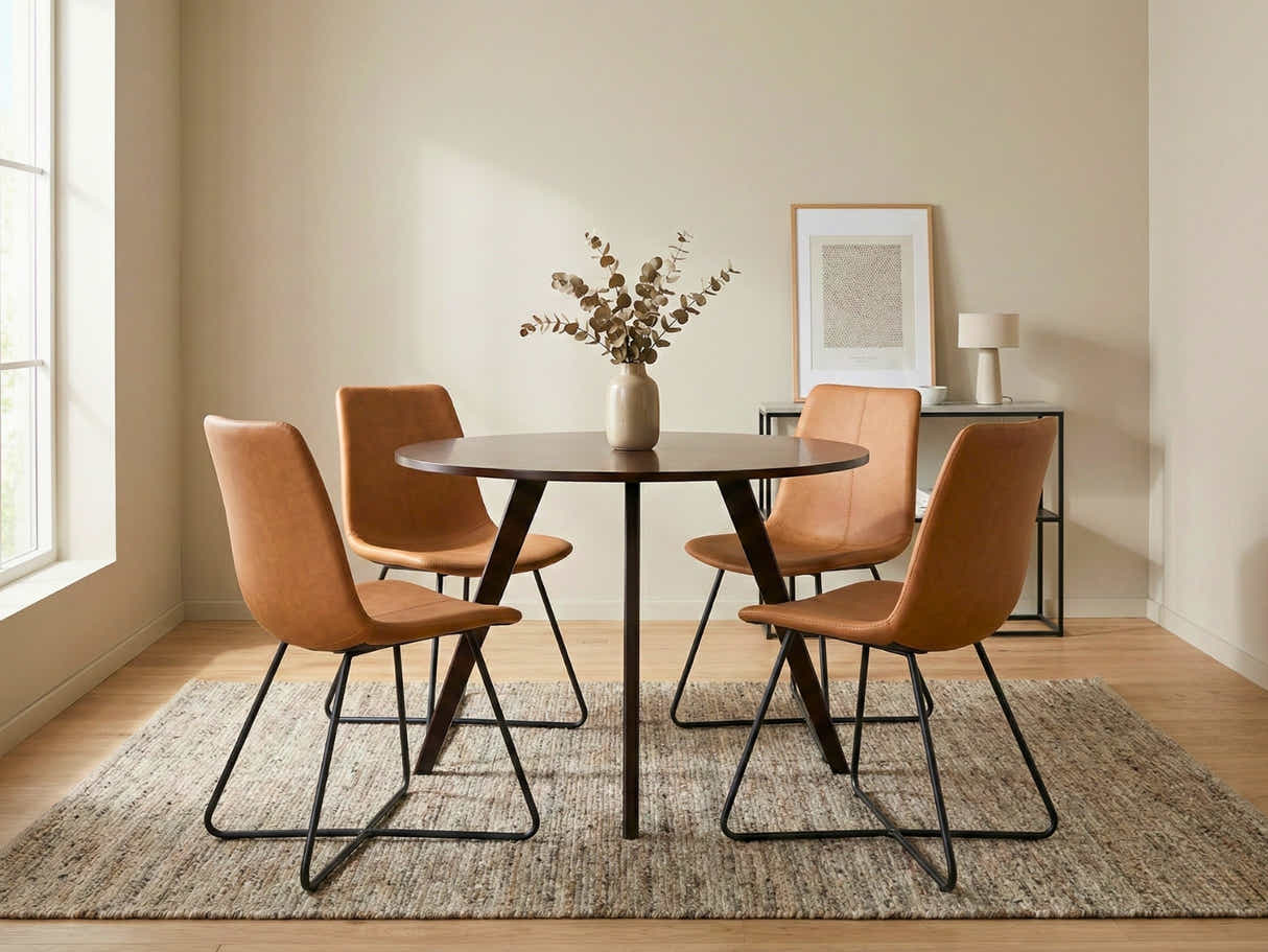 Hexa Round Dining Table Wenge - 100 cm & Walnut Bonded Leather Dining Chair - Set of 4