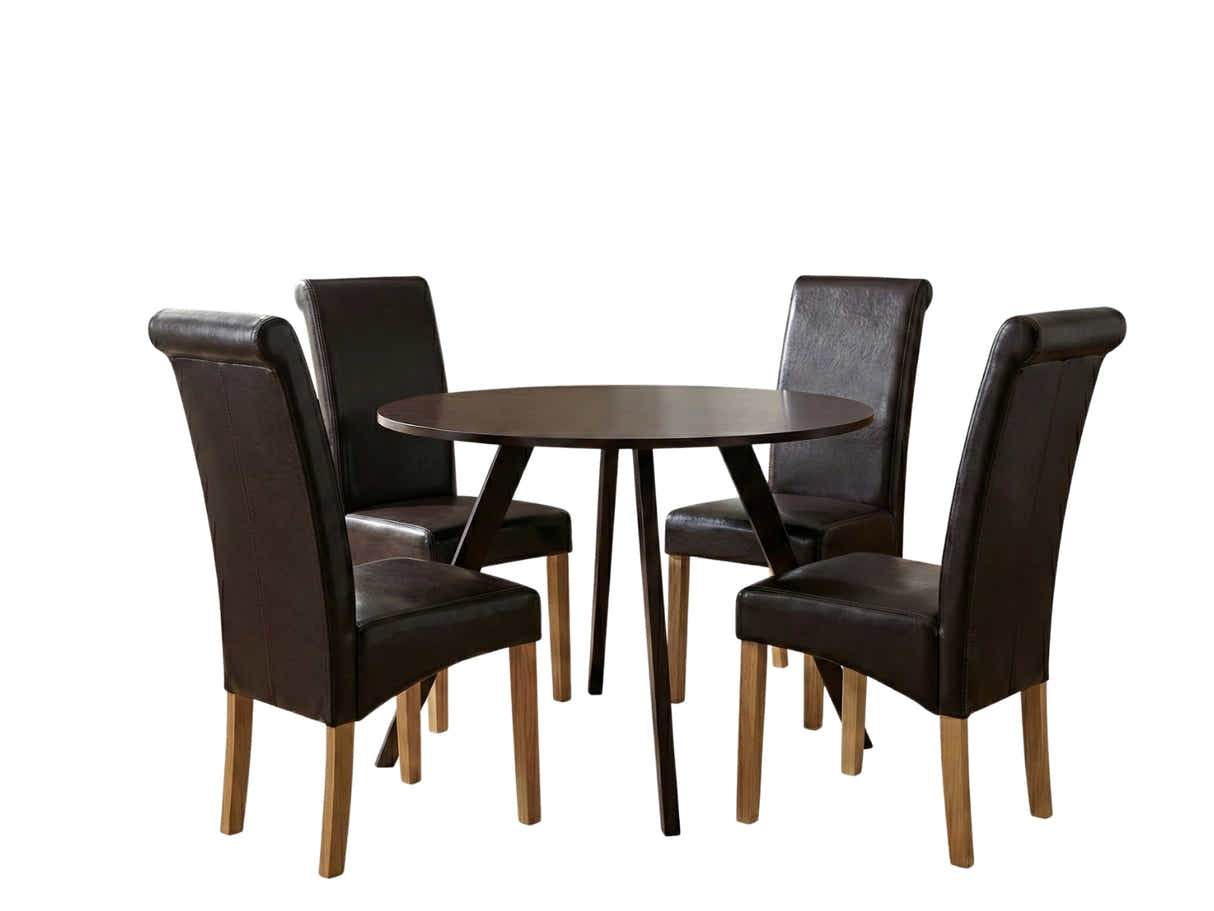 Hexa Round Dining Table Wenge - 100 cm & Giesle PU Dining Chair Dark Brown - Set of 4