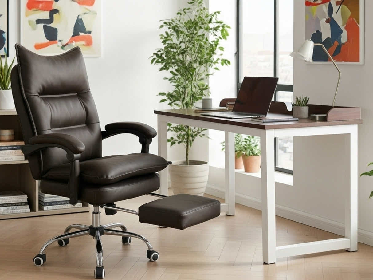 Etan Computer Desk 160 & New Markus Office Chair with Footrest PU Coffee