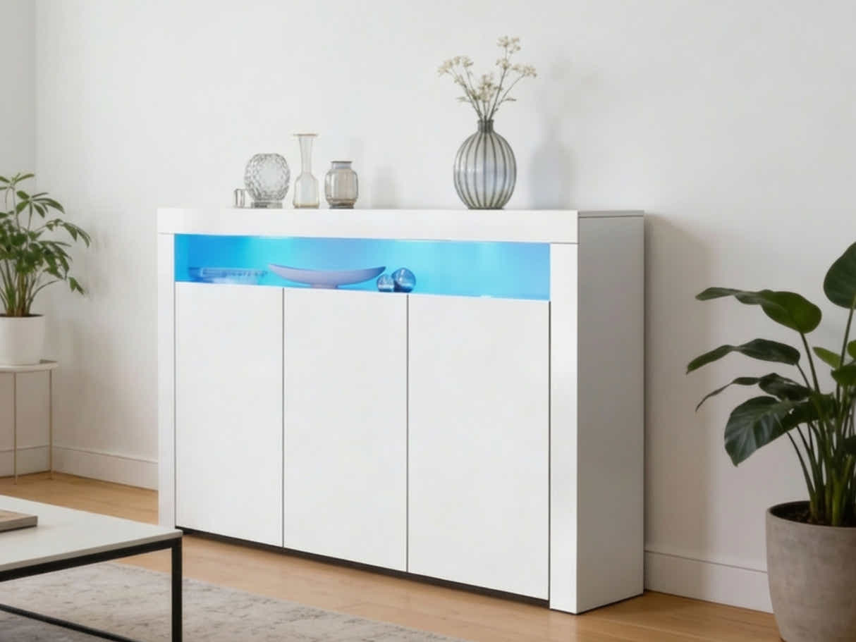 Glansig White 3-Door Buffet with LED Light - 152 cm