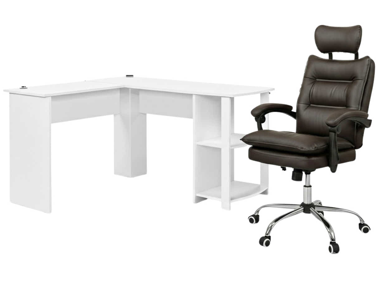 Korr Corner Office Desk & New Markus Office Chair with Footrest PU Coffee