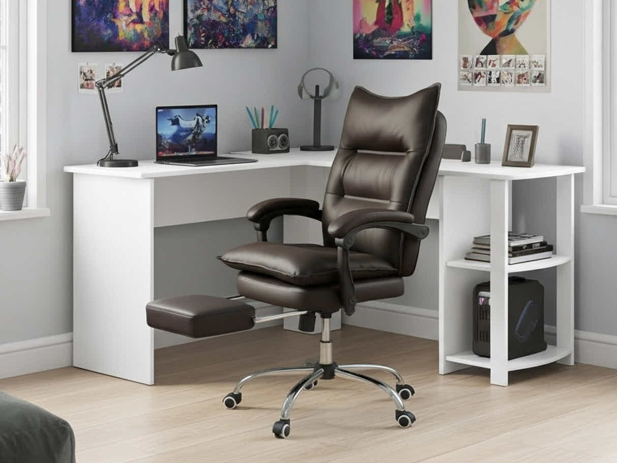 Korr Corner Office Desk & New Markus Office Chair with Footrest PU Coffee