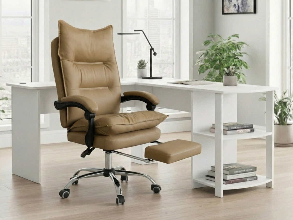 Korr Corner Office Desk & New Markus Office Chair with Footrest PU Khaki