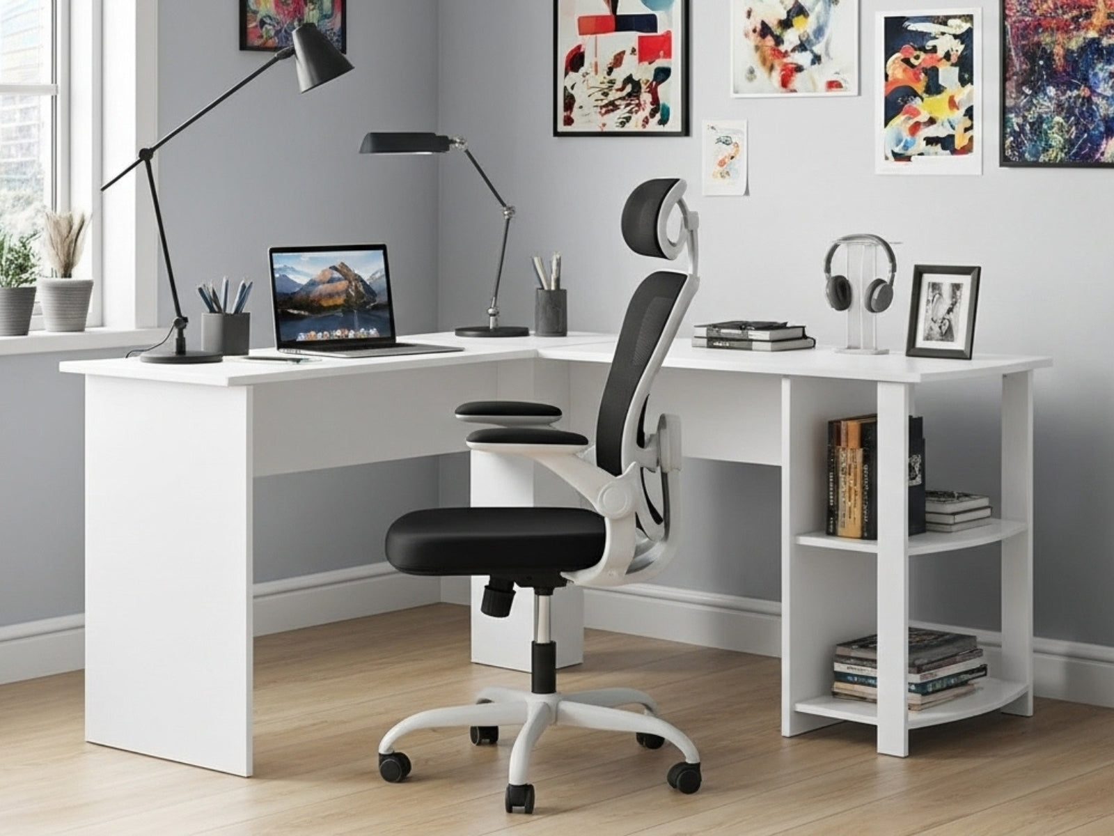 Korr Corner Office Desk & Molina Mesh Task Chair White+Black (Combo ...