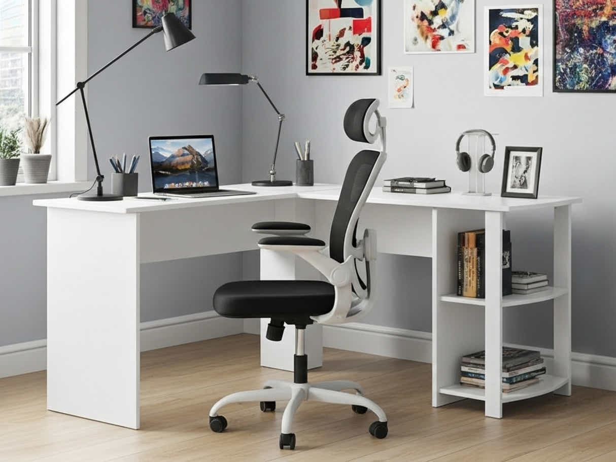 Korr Corner Office Desk & Molina Mesh Task Chair White+Black
