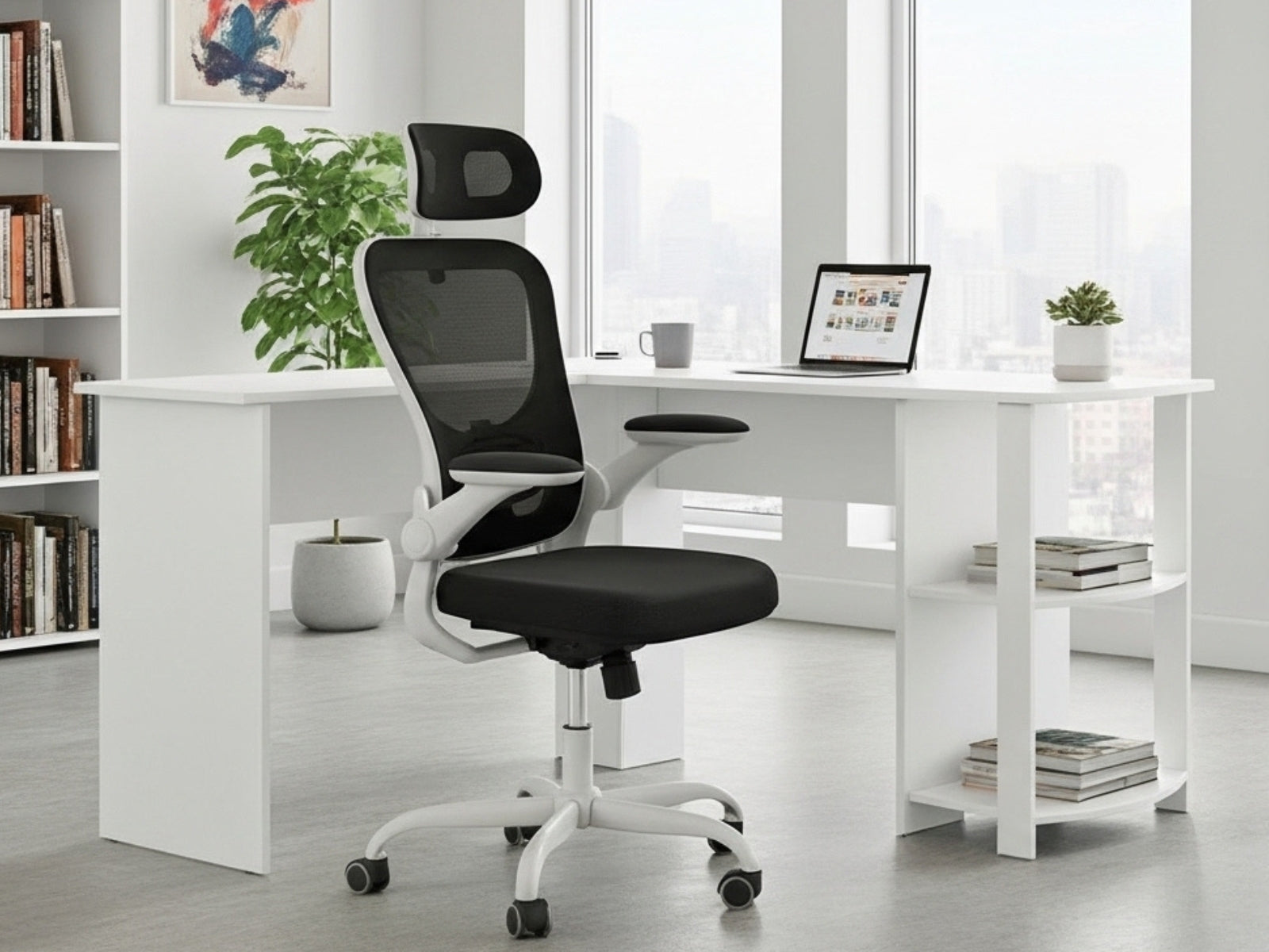 Korr Corner Office Desk & Molina Mesh Task Chair White+Black (Combo ...