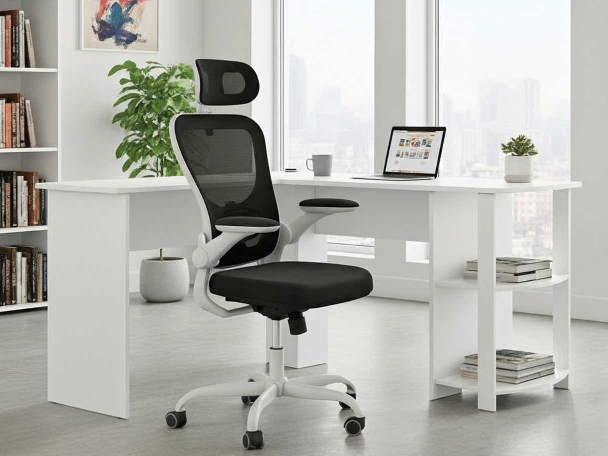 Korr Corner Office Desk & Molina Mesh Task Chair White+Black