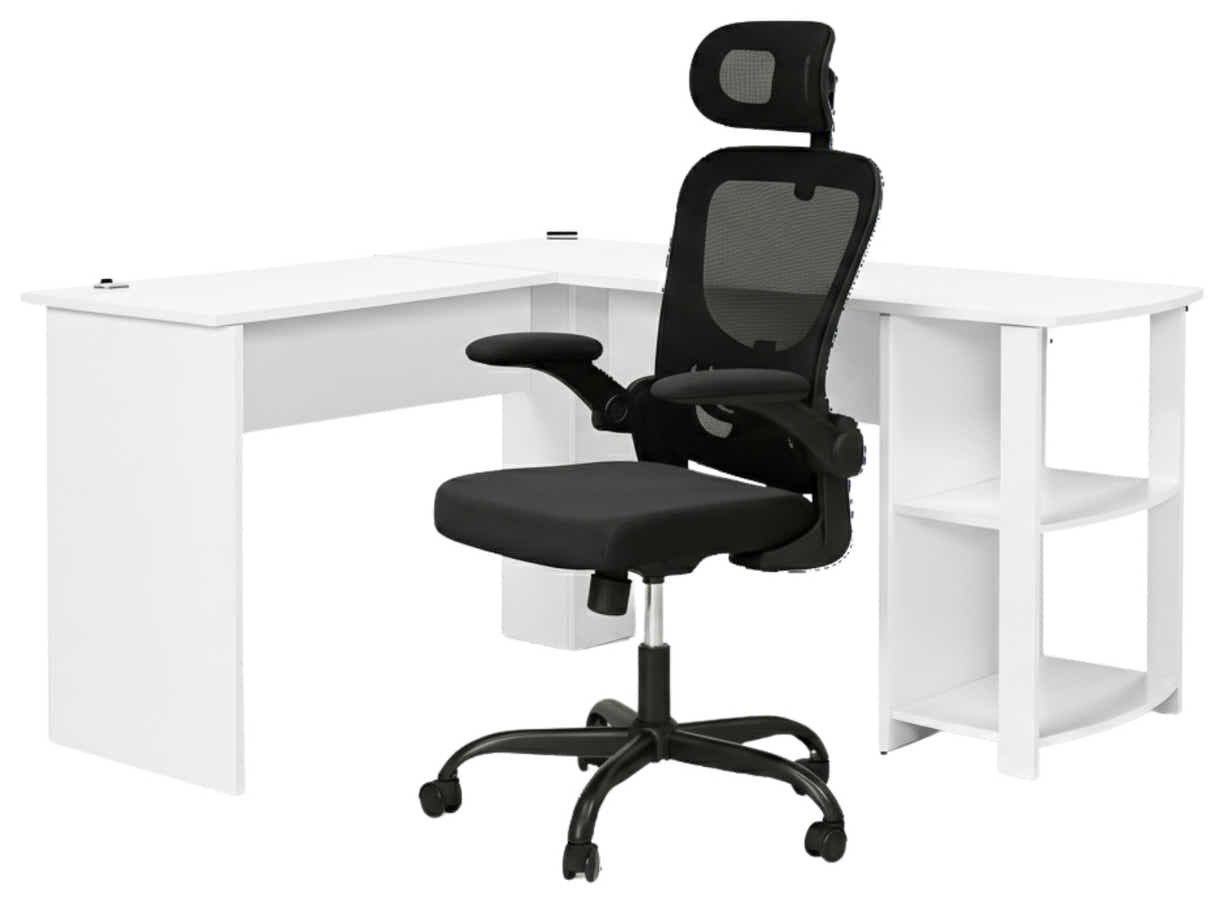 Korr Corner Office Desk & Molina Mesh Task Chair Black+Black
