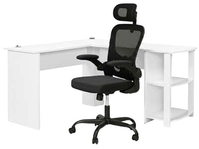 Korr Corner Office Desk & Molina Mesh Task Chair Black+Black