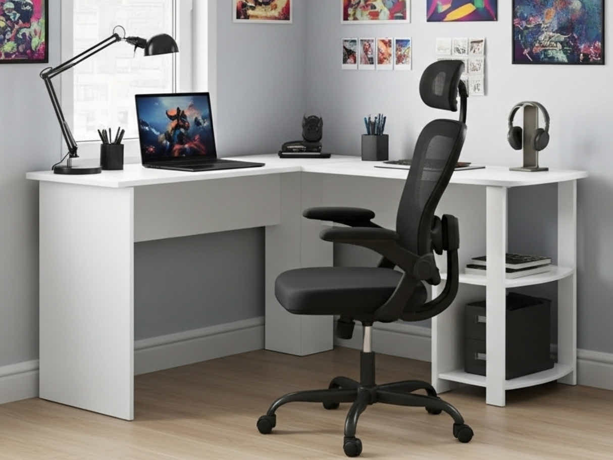 Korr Corner Office Desk & Molina Mesh Task Chair Black+Black