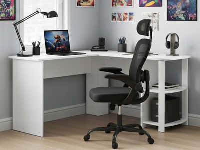 Korr Corner Office Desk & Molina Mesh Task Chair Black+Black