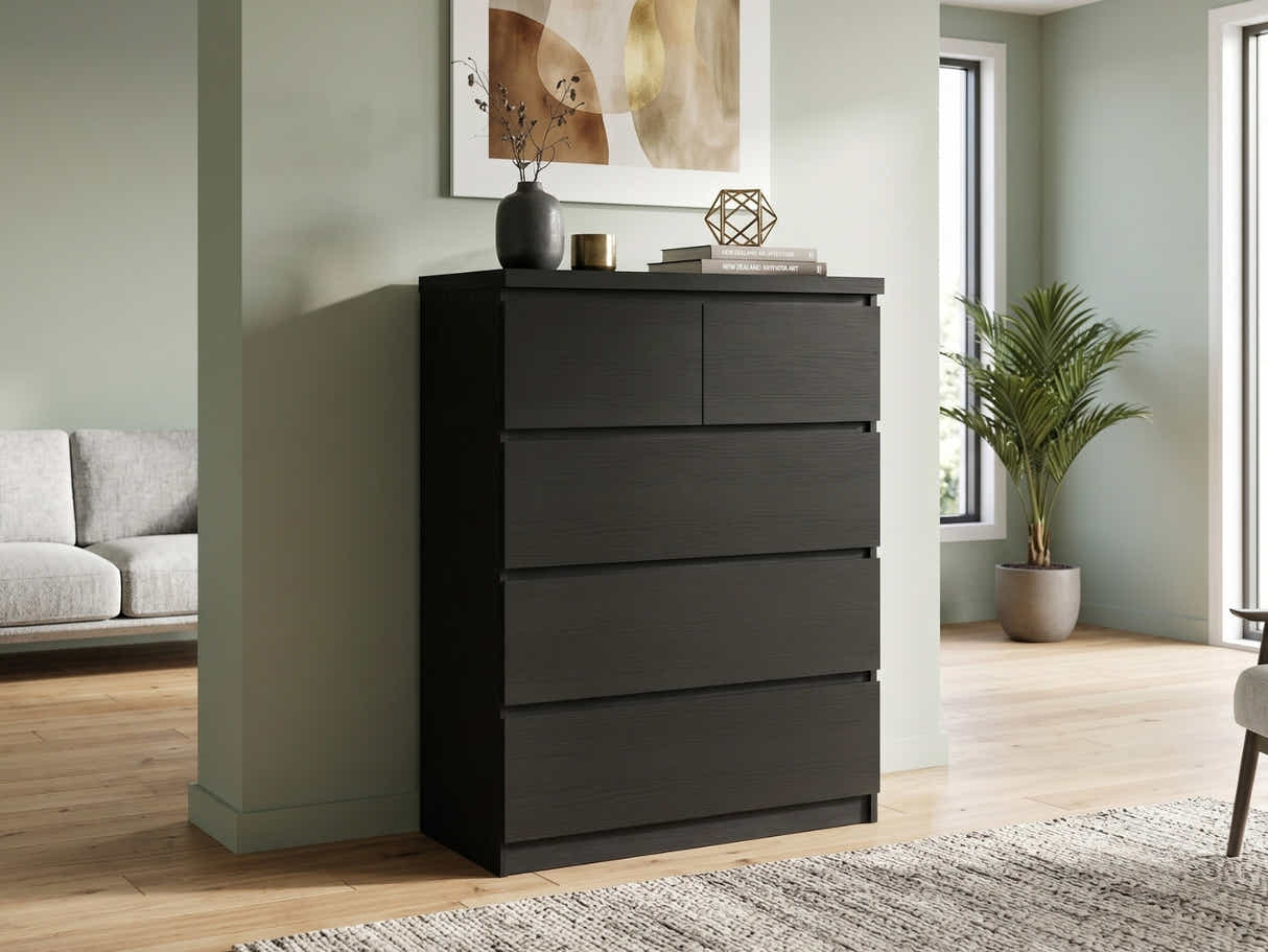 Tiko 5-Drawer Tallboy - Black Oak