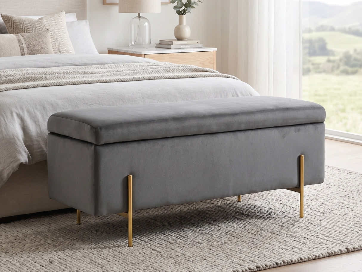 Molto Velvet Ottoman Bench with Storage - Light Grey