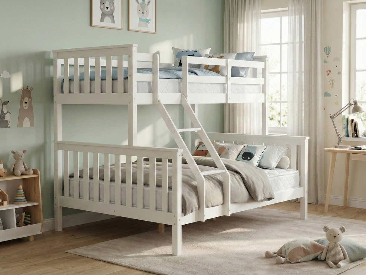 New Chico Triple Bunk Bed - White & Bon15 Single + Bon15 Double Mattresses