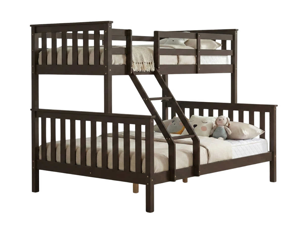 New Chico Triple Bunk Bed - Walnut & Bon10 Single + Bon15 Double Mattresses