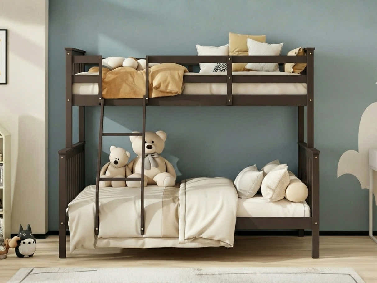 New Chico Triple Bunk Bed - Walnut & Bon10 Single + Bon15 Double Mattresses