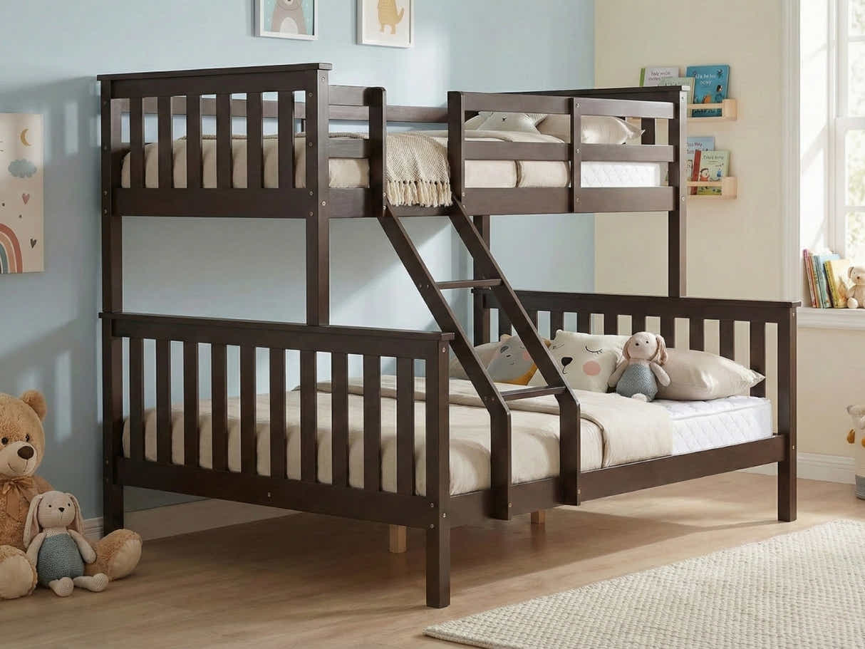 New Chico Triple Bunk Bed - Walnut & Bon10 Single + Bon15 Double Mattresses