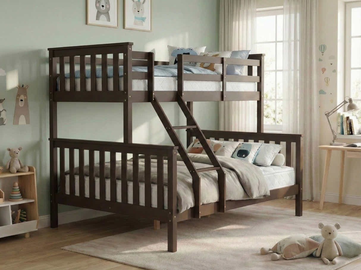 New Chico Triple Bunk Bed - Walnut & Bon15 Single + Bon15 Double Mattresses
