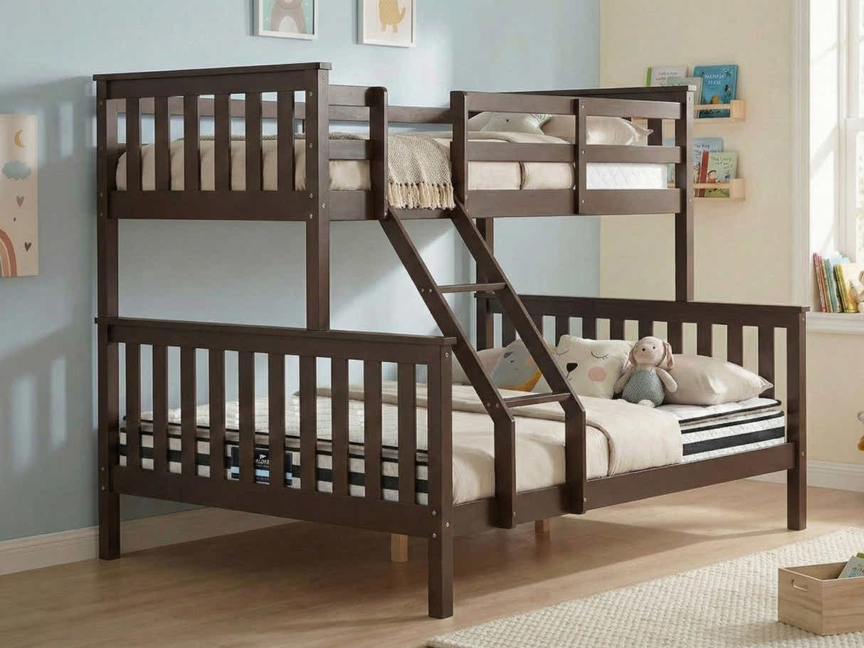 New Chico Triple Bunk Bed - Walnut & Bon15 Single + Bon21 Double Mattresses