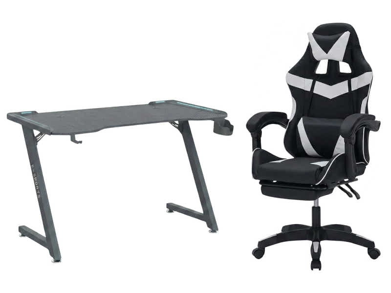 Gaming Table KZ-1 120cm with Wireless Charger and Mouse Pad & Nicola Gaming chair PVC Black+White