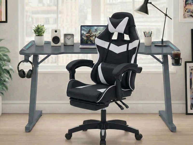 Gaming Table KZ-1 120cm with Wireless Charger and Mouse Pad & Nicola Gaming chair PVC Black+White