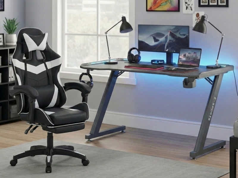 Gaming Table KZ-1 120cm with Wireless Charger and Mouse Pad & Nicola Gaming chair PVC Black+White