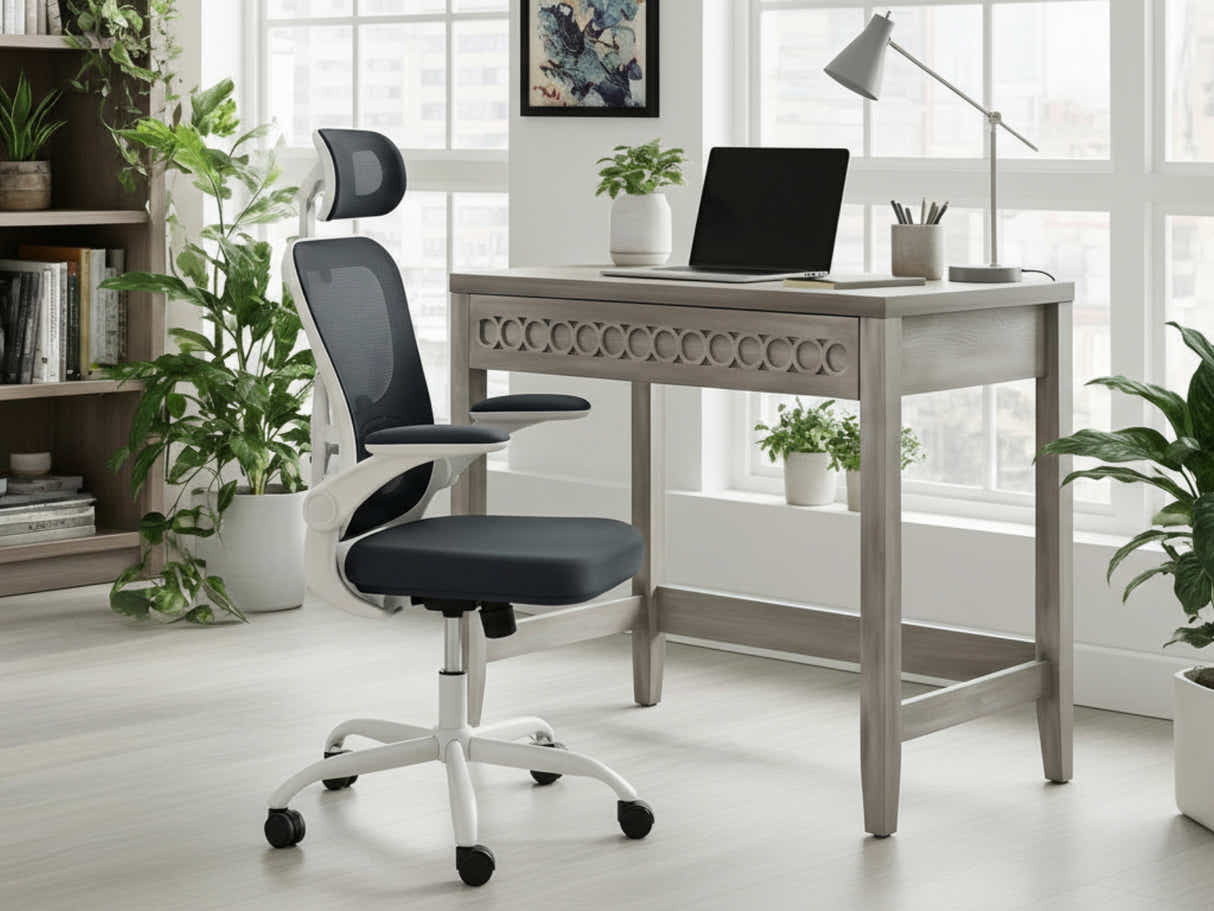 Home & Office Desk With Storage Drawer & Molina Mesh Task Chair White+Grey