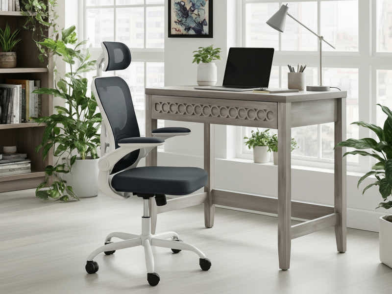 Home & Office Desk With Storage Drawer & Molina Mesh Task Chair White+Grey (Combo)