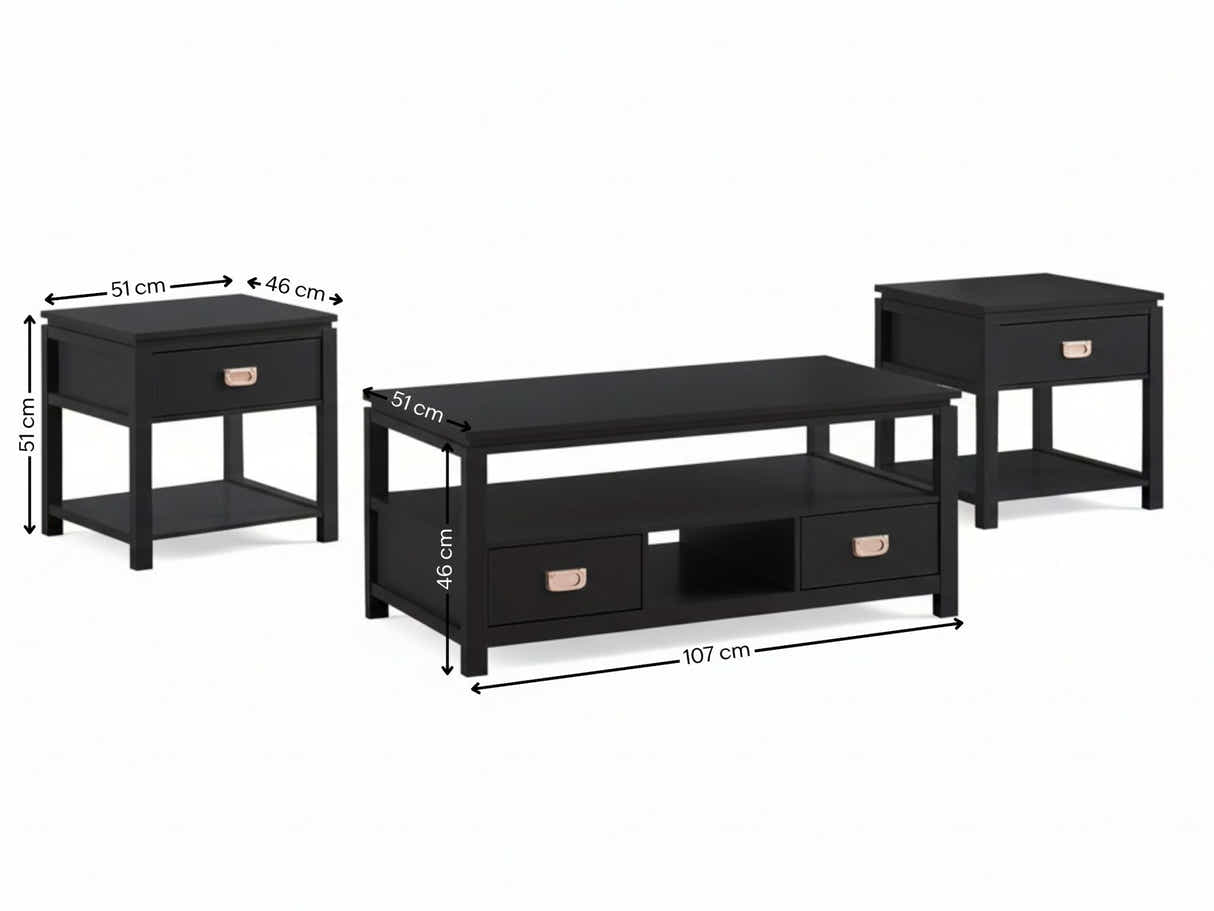 3-Piece Solid Wood Coffee Table Set - Black