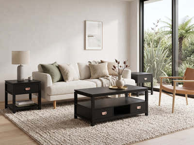 3-Piece Solid Wood Coffee Table Set - Black